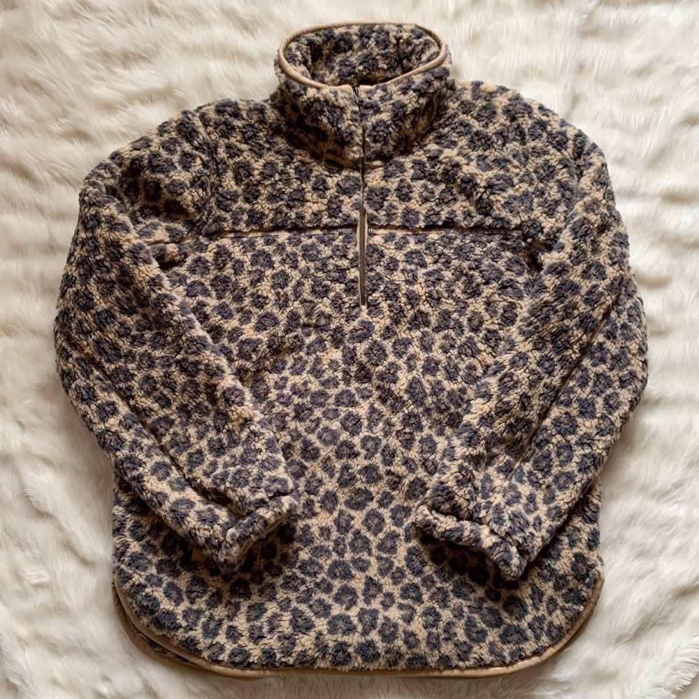 Abercrombie & Fitch Sherpa Half-Zip Faux Leather Trim Sweatshirt in Leopard